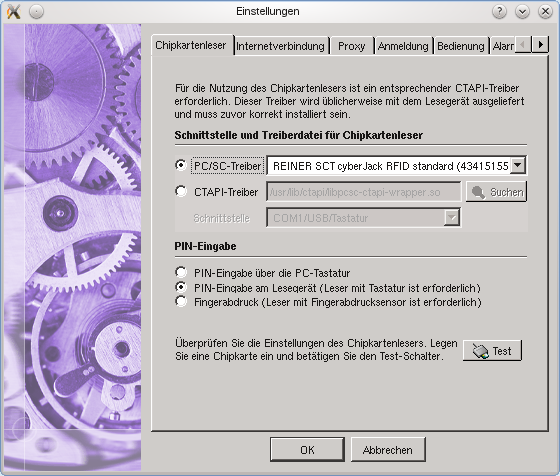 Zeigt wie der PC/SC Treiber für einen Reiner_SCT Kartenleser erkannt und eingerichtet wird.