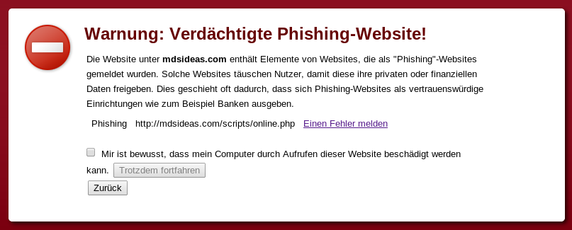Warnung vor der Pishing Seite mdsideas.com.