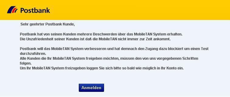 Postbank Mobil TAN BetrugFake