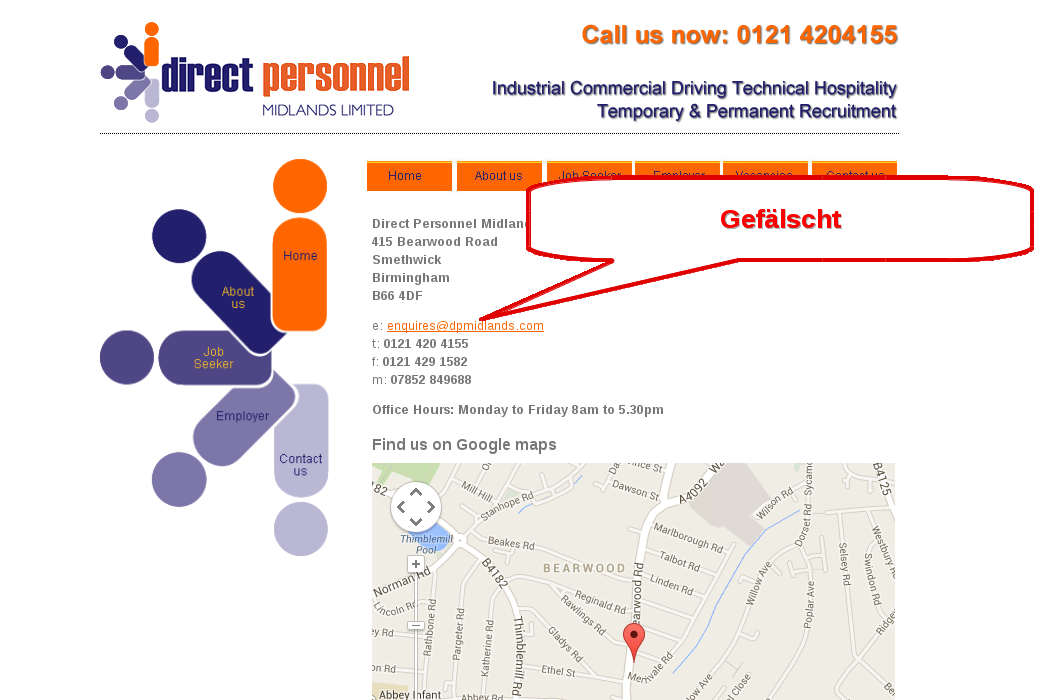 Gefälschet Web-Seite DP Midlands Limited