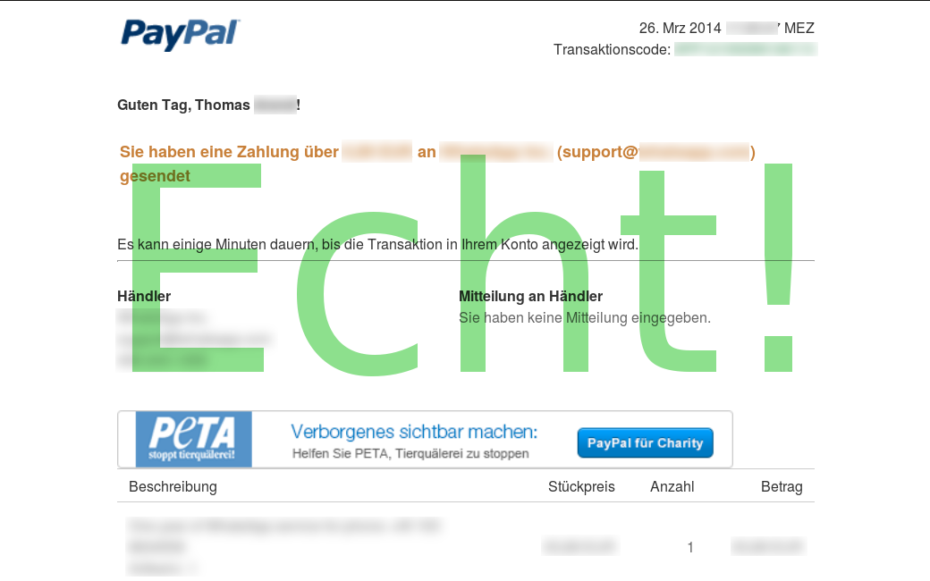 Echte Überweisungsbestätigung