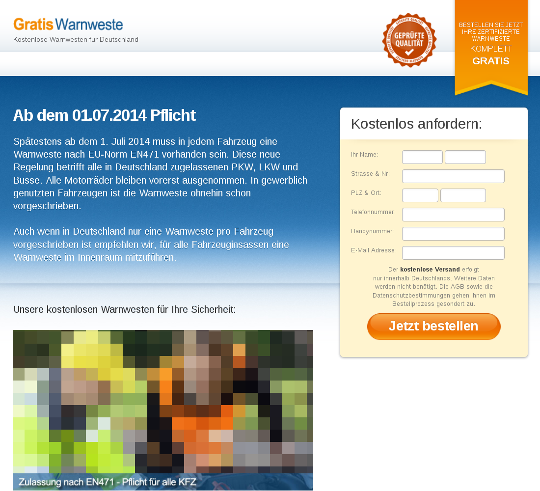 Bestellseite der Gratis Warnweste