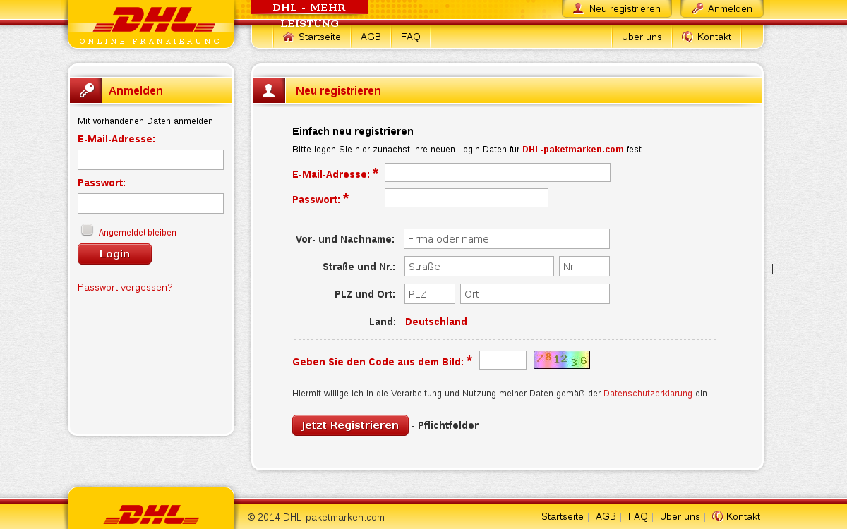 Startseite der DHL Paketmarken